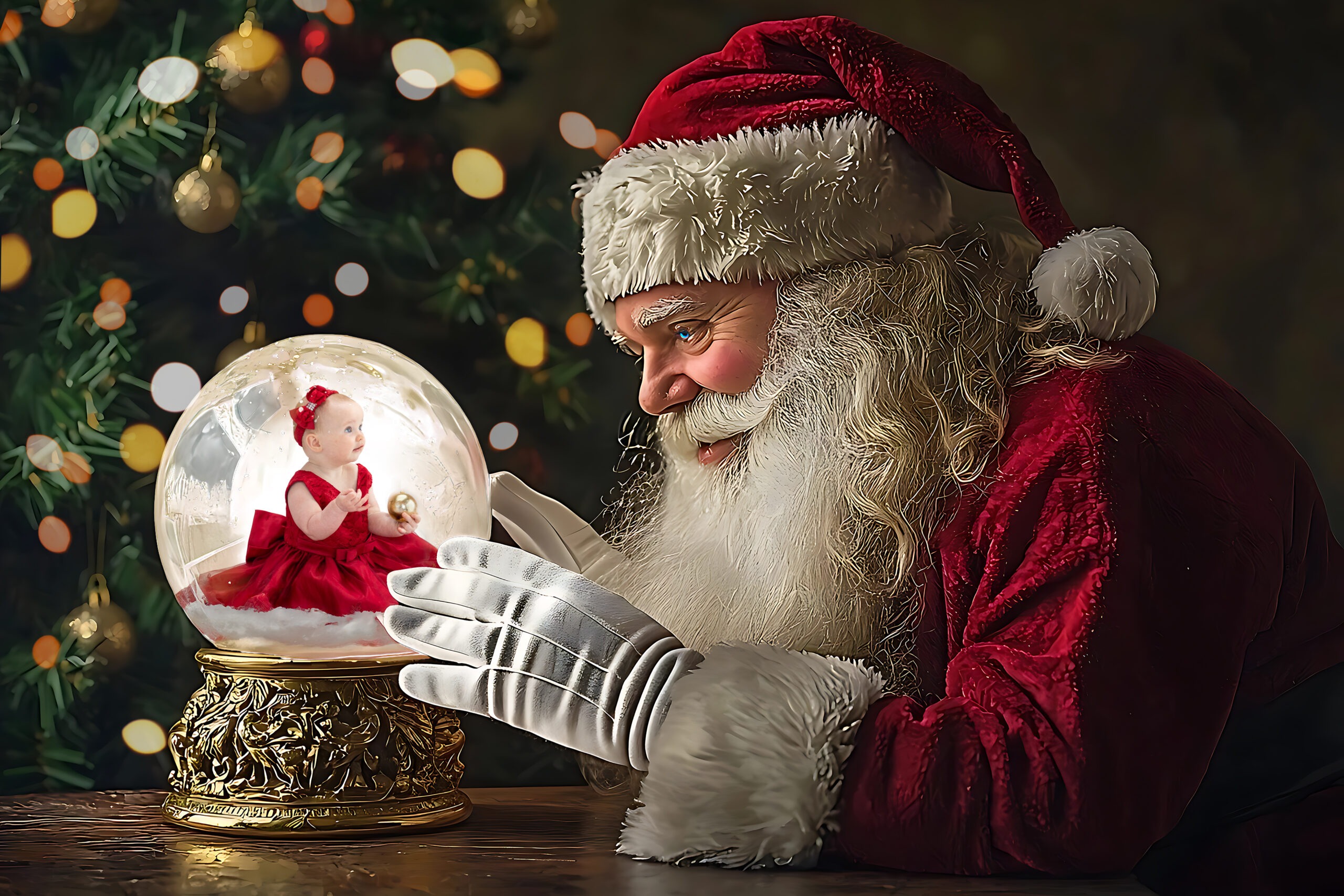 Santa gazing warmly at a magical snow globe featuring a Nina, with a beautifully decorated Christmas tree behind.