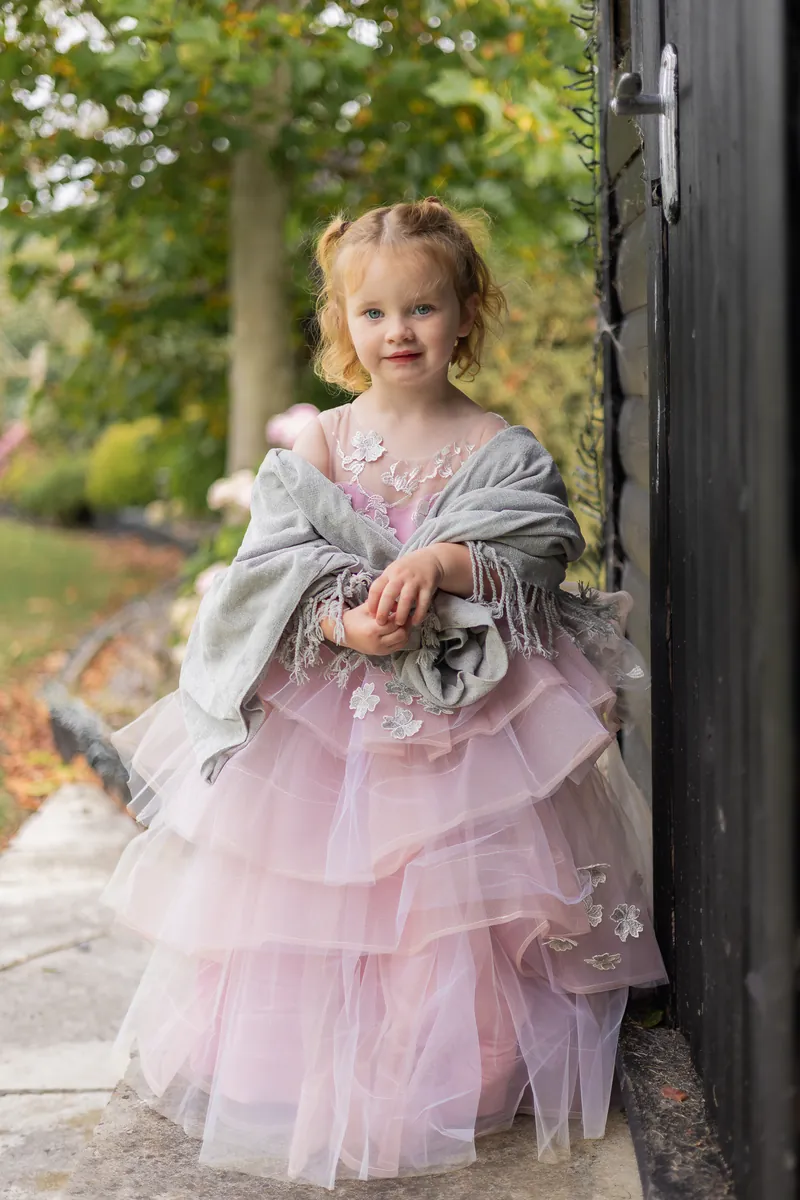 Toddler in a pale pink tulle gown and grey shawl standing beside a black barn door